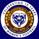 Kew Football Club logo with an additional ring around it with the text 'Celebrating 10 years if women's football'