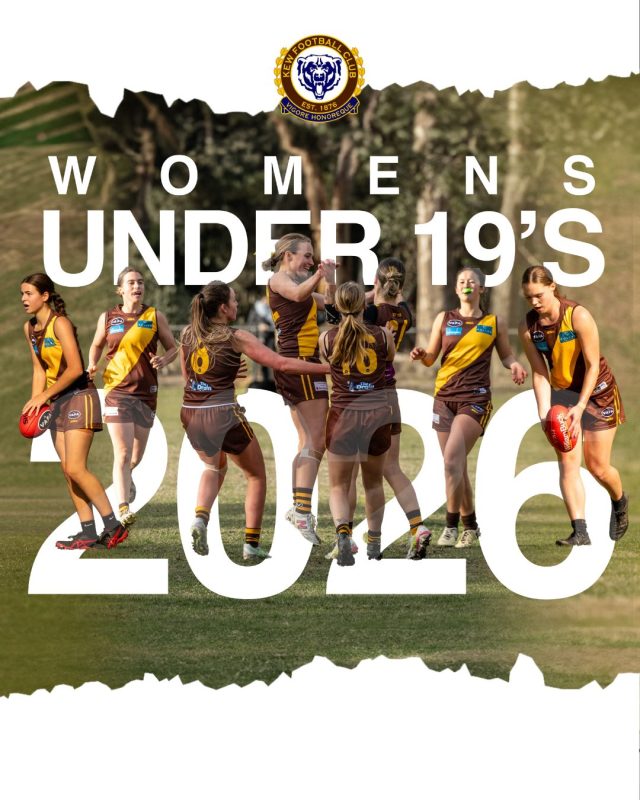 Photos of young Kew women's players celebrating on the field with the text 'Women's Under 19's 2026'