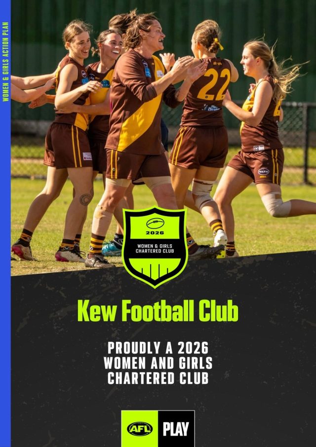 Poster showing a photo of the Kew Senior Women's team celebrating on the field, and it says Kew Football Club - proudly a 2026 women and girls chartered club